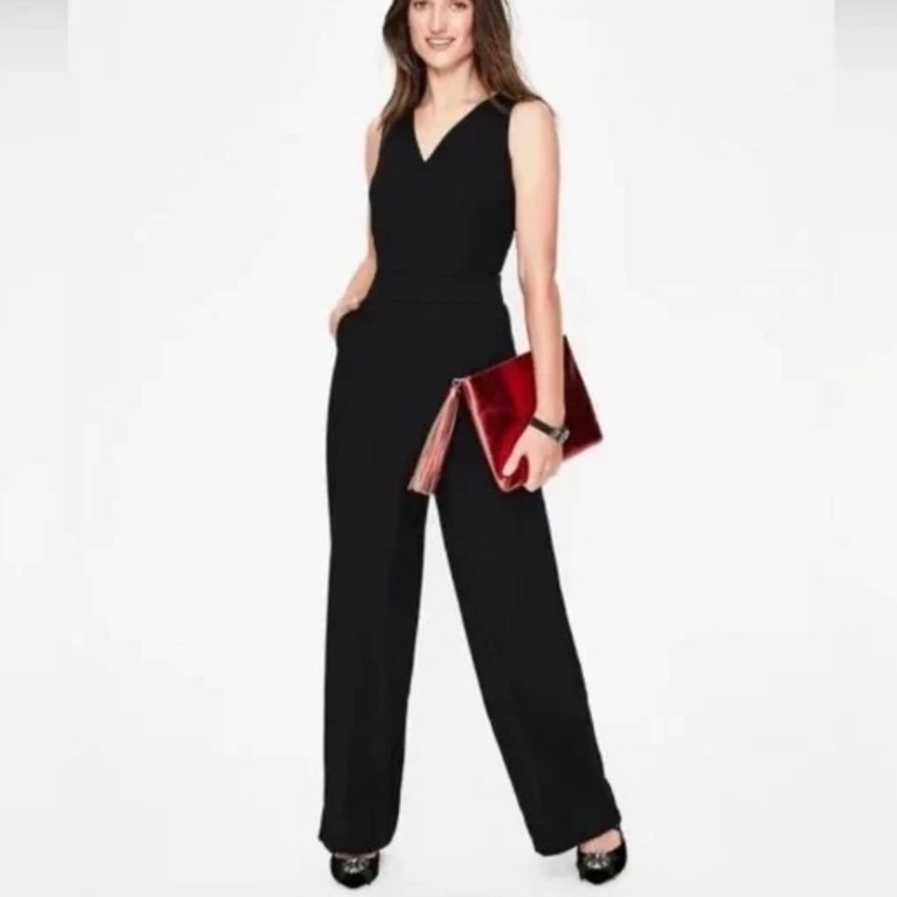Boden Hexham Wide Leg Jumpsuit Womens 10P Black‎ V Neck Tuxedo Stripe Leg